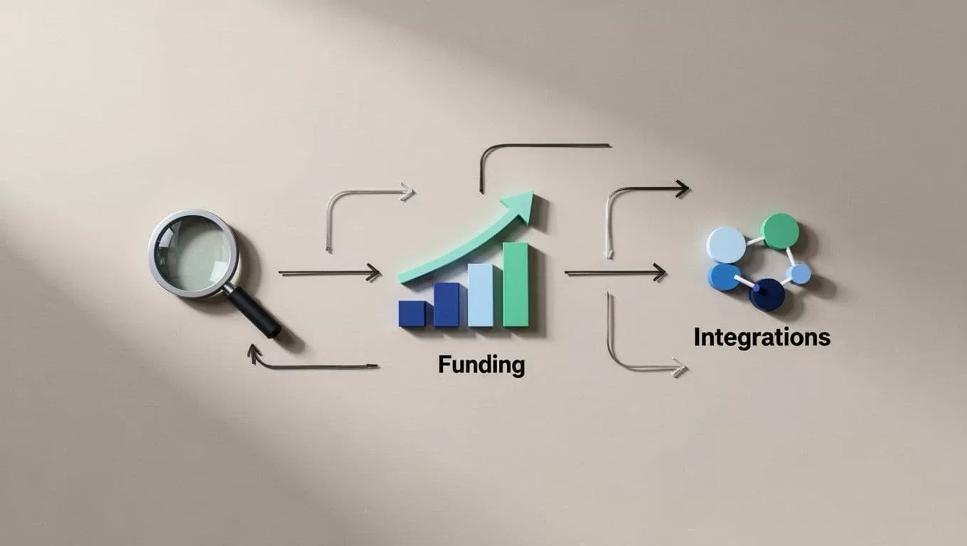 Modern illustration showing a flowchart of evaluating SaaS tools: search growth to funding check to integrations, simple icons connected by arrows, neutral background, landscape composition, soft lighting, clean shapes controlled colors strong composition, no text, no people, no logos no watermarks.