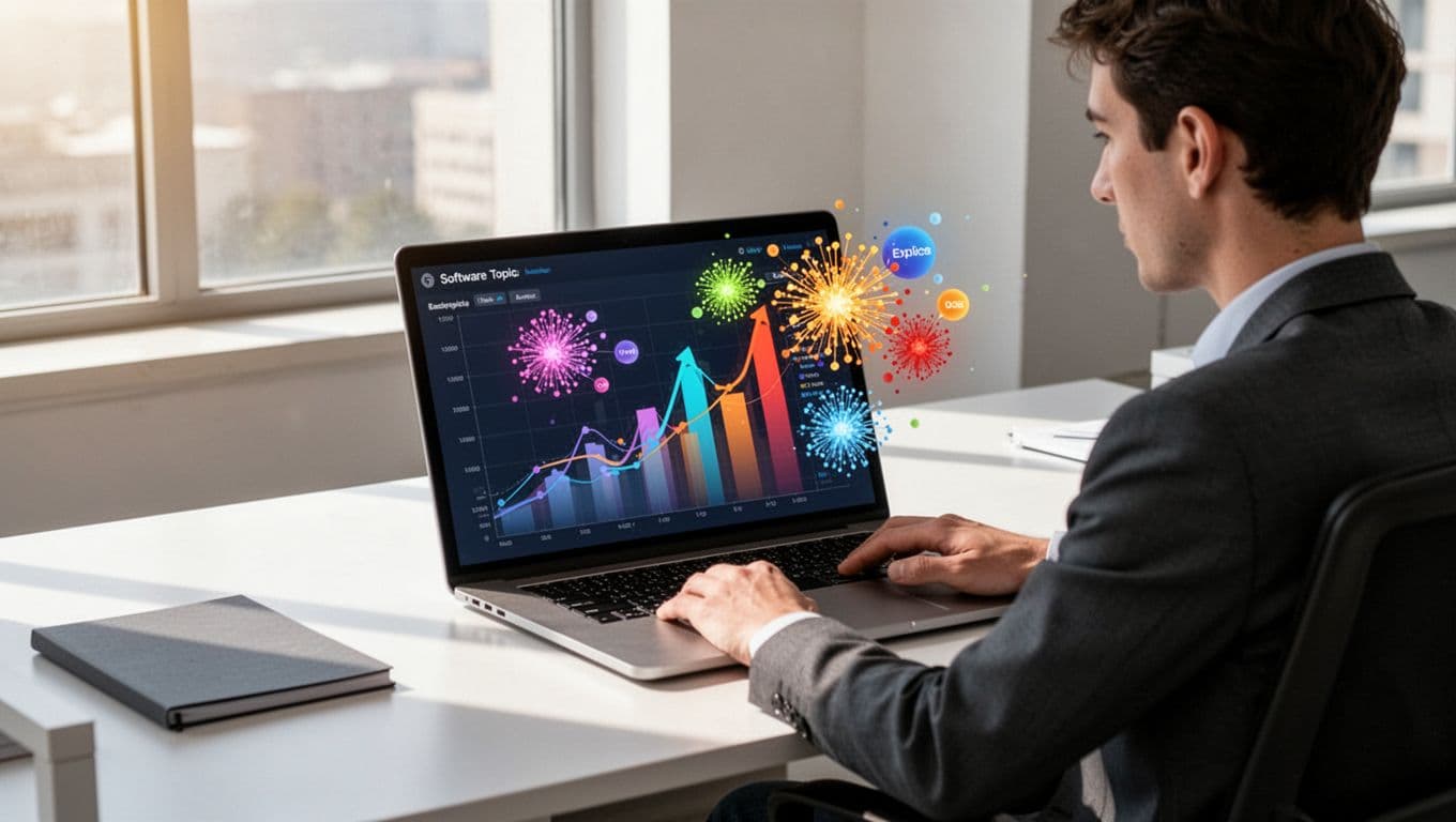 Modern illustration of a laptop screen showing a trend dashboard with rising charts and exploding topic bubbles in software categories, viewed by one person at a clean office desk under bright natural lighting.