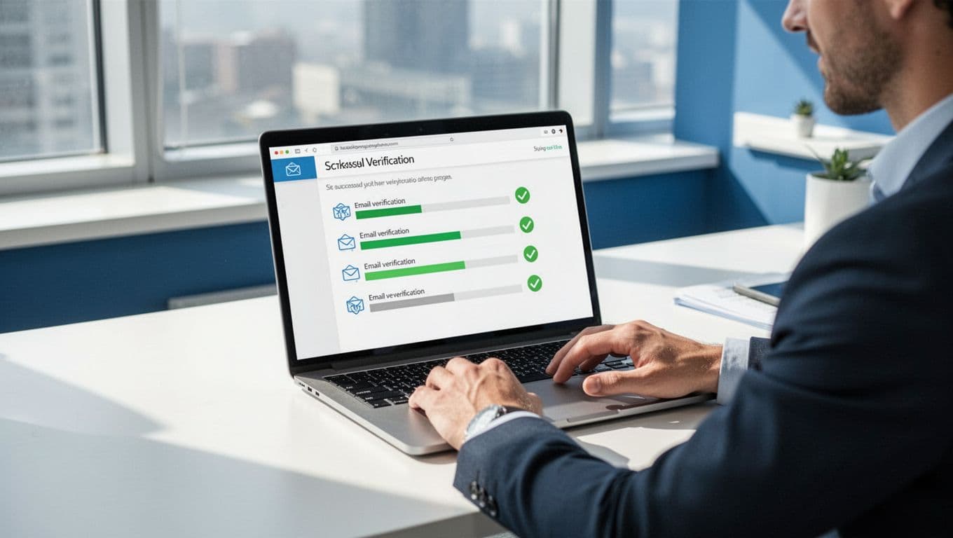 A business professional reviews bulk email verification results in Hunter.io, with the laptop showing green checks for valid sales director emails.