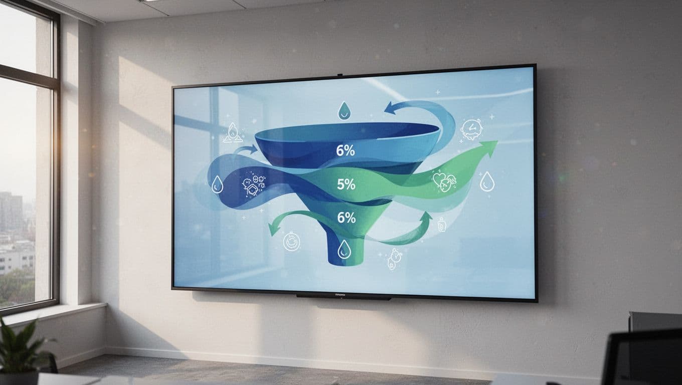 Modern illustration featuring a wall-mounted digital screen in an office displaying a horizontal sales funnel diagram with drop-off arrows and percentage icons at key stages. Clean blue and green palette, natural side lighting, no text or people.