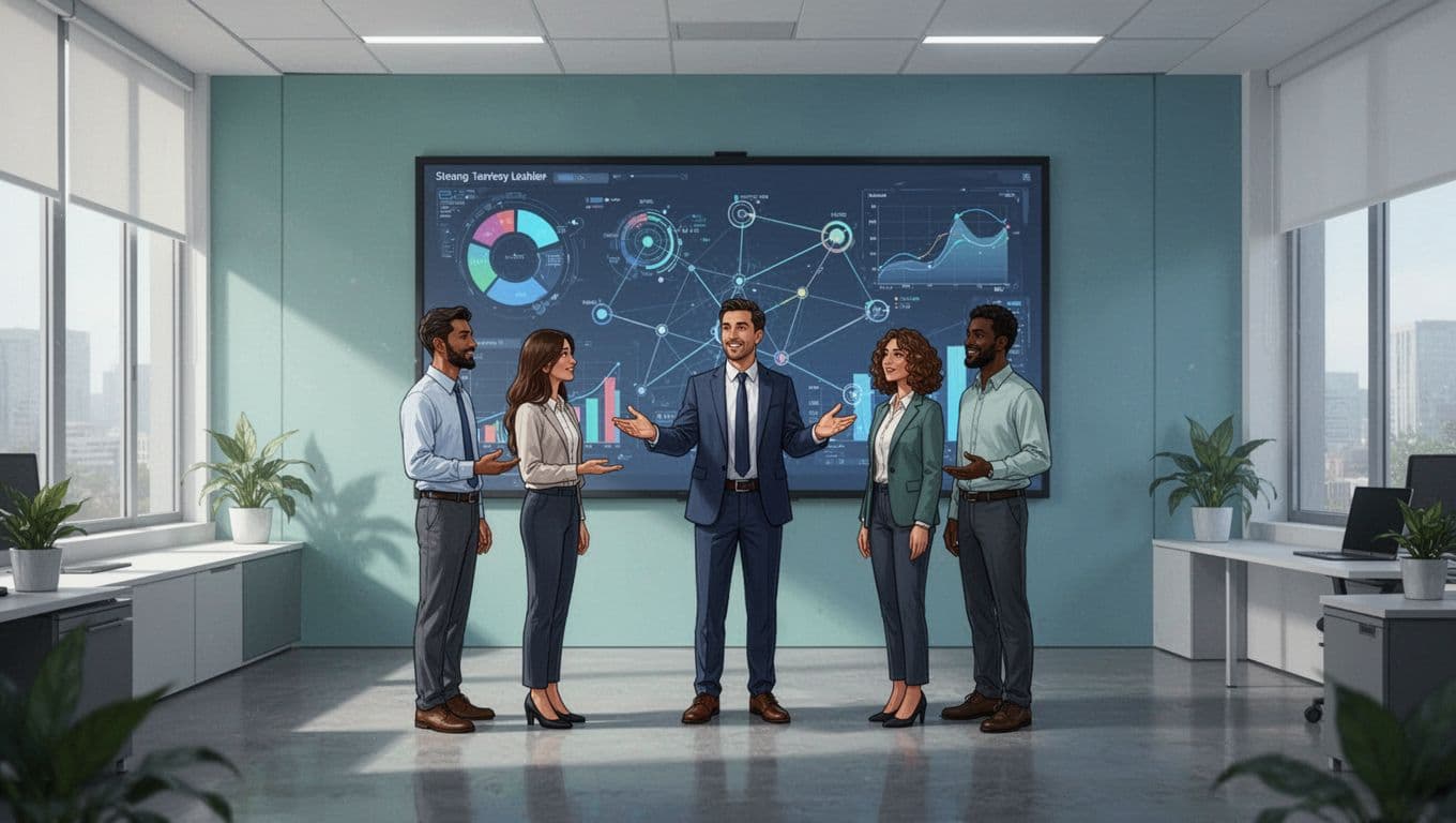 Modern illustration of a sales leader in a contemporary office guiding a small team of three around a large shared screen showing social media dashboards and connection icons, emphasizing collaboration with clean shapes and a blue-green palette.