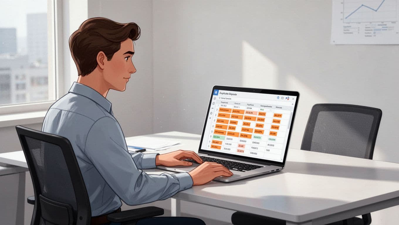 A sales operations professional sits at a modern desk in a bright office, reviewing a laptop screen displaying a B2B lead spreadsheet with duplicate rows highlighted in orange.
