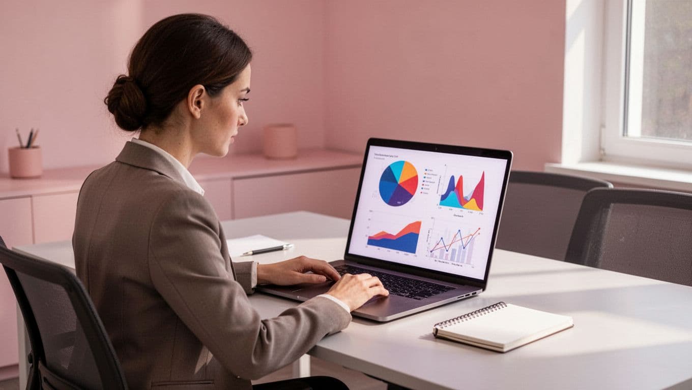 Modern illustration of a sales team member focused on a dashboard displaying outreach metrics like open rates and replies, with a laptop and notebook on the desk, minimal background, clean shapes, and soft lighting.