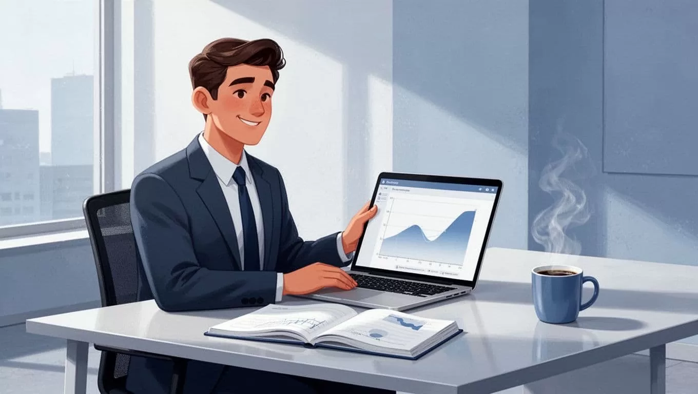 Modern illustration of a confident business professional at a modern desk, viewing an abstract email leads list on a laptop, with notebook and coffee mug nearby, in clean blues and whites under natural daylight.
