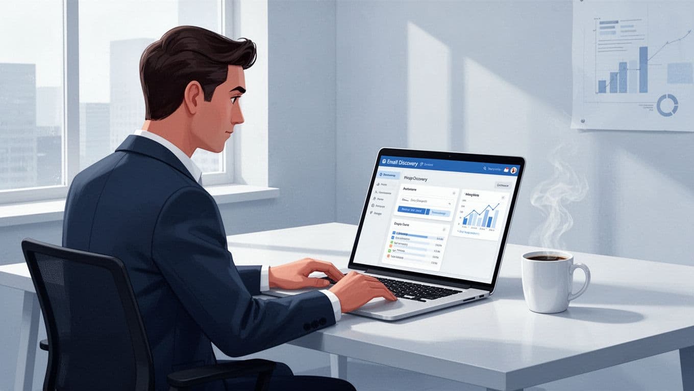 Modern illustration of a sales professional at a clean desk with laptop open to Hunter.io dashboard, discovering emails from a company website, coffee mug nearby in a focused workspace.
