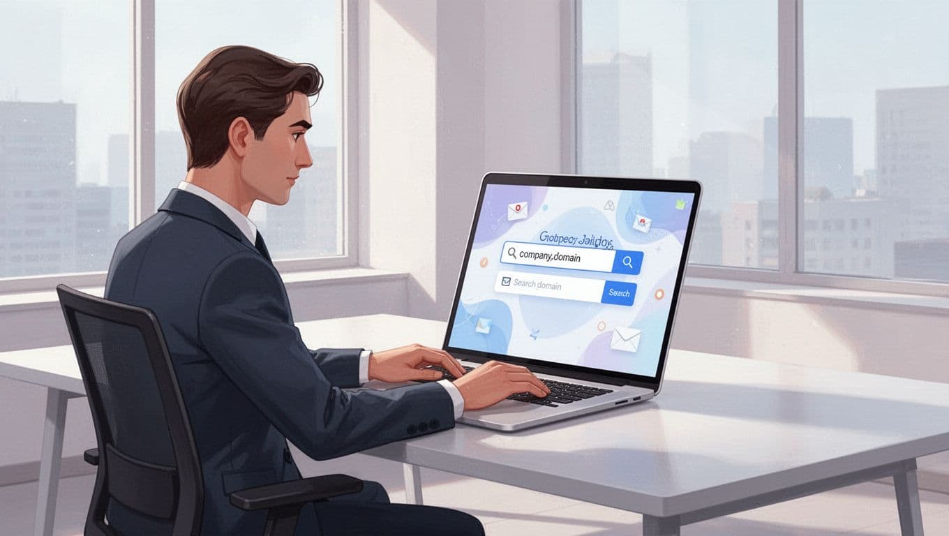 A sales professional sits at a modern desk with a laptop, entering a company domain into an abstract email search tool interface with relaxed hands on the keyboard, set against a bright office window background in a clean modern illustration style.