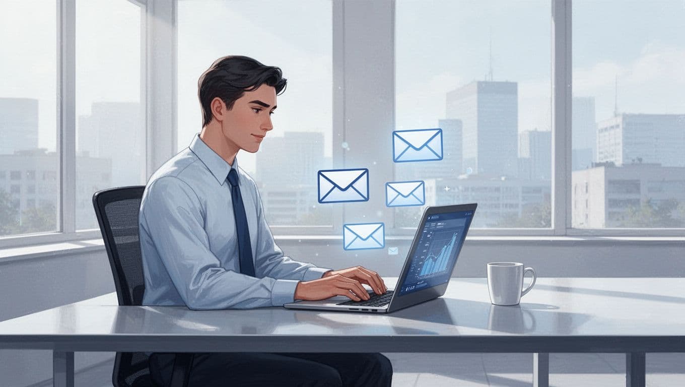 Sales professional seated at a modern desk in a bright office, with laptop displaying email icons emerging from a company domain search, relaxed pose with coffee mug nearby, in a clean modern illustration style.
