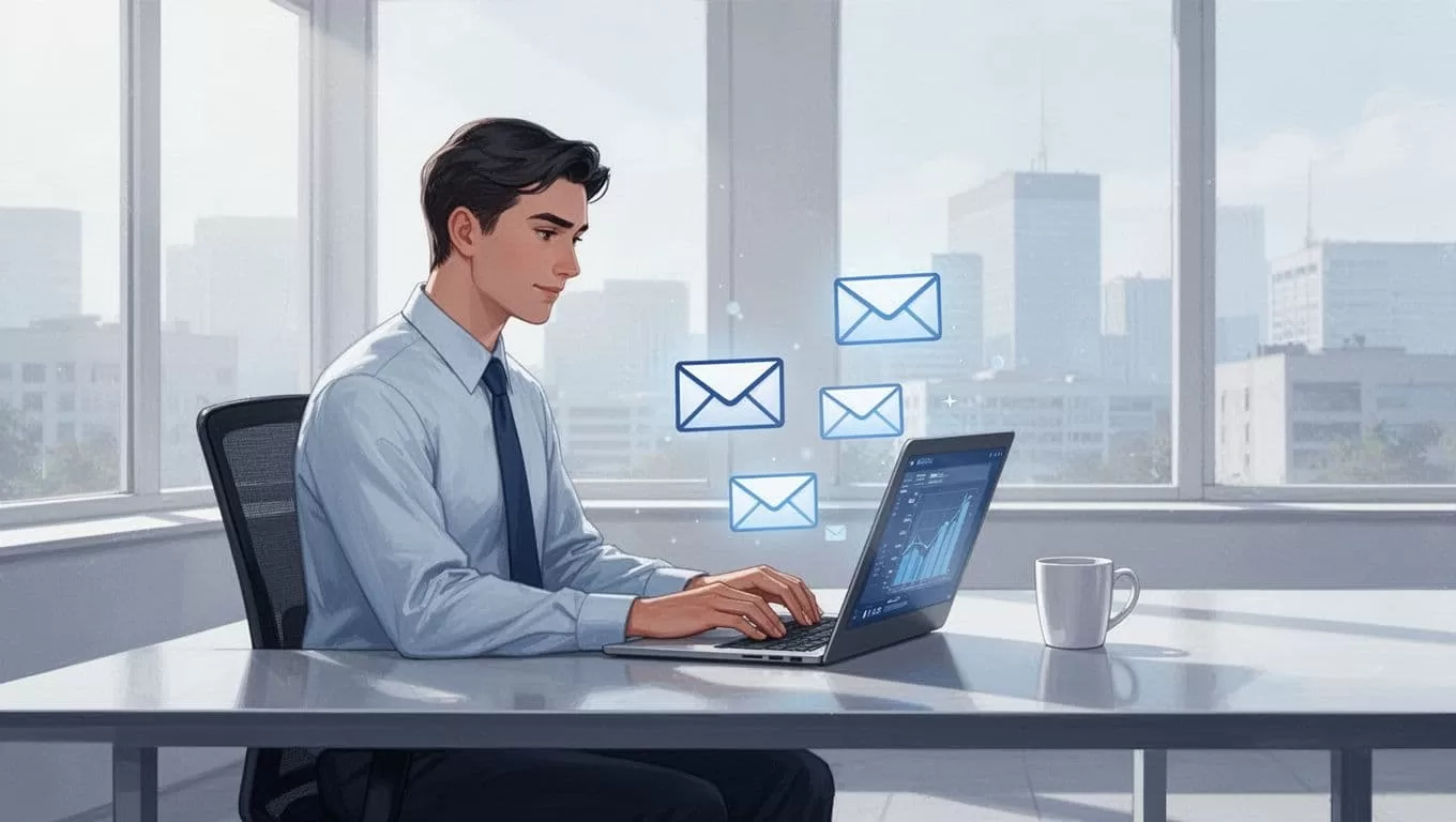 Sales professional seated at a modern desk in a bright office, with laptop displaying email icons emerging from a company domain search, relaxed pose with coffee mug nearby, in a clean modern illustration style.