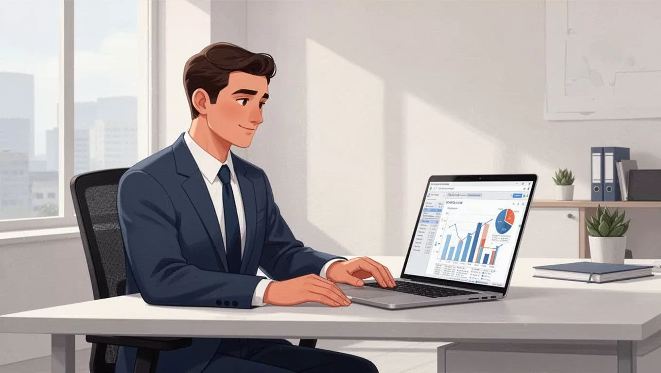 Modern illustration featuring a sales professional at a desk, relaxed hands on the surface, reviewing a comparison chart of email finder tools on a laptop screen in soft office lighting with clean shapes and strong composition.