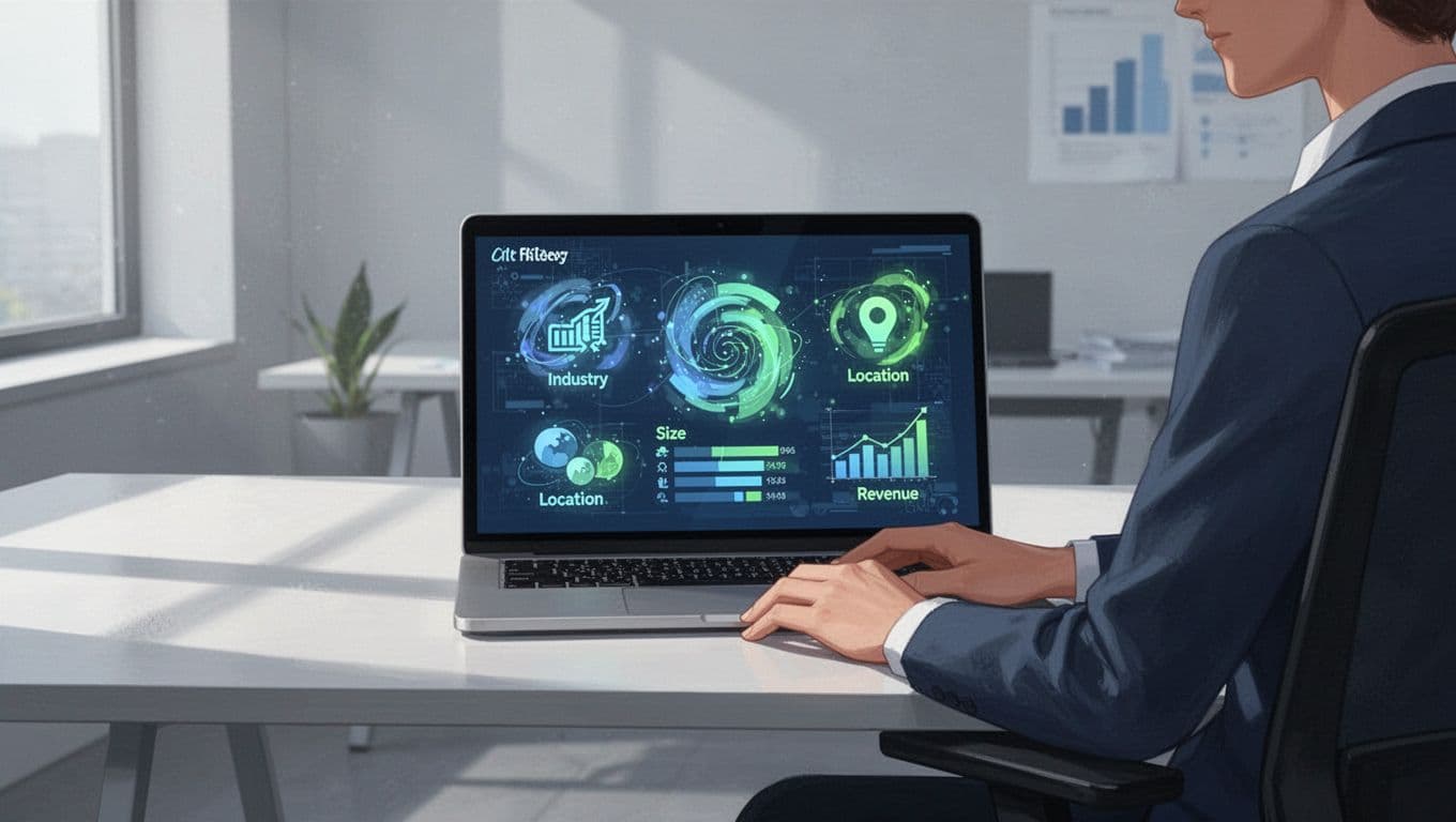 Sales professional sitting at a modern desk, filtering glowing company icons on a laptop screen using icons for industry, size, location, and revenue criteria in a clean office setting.