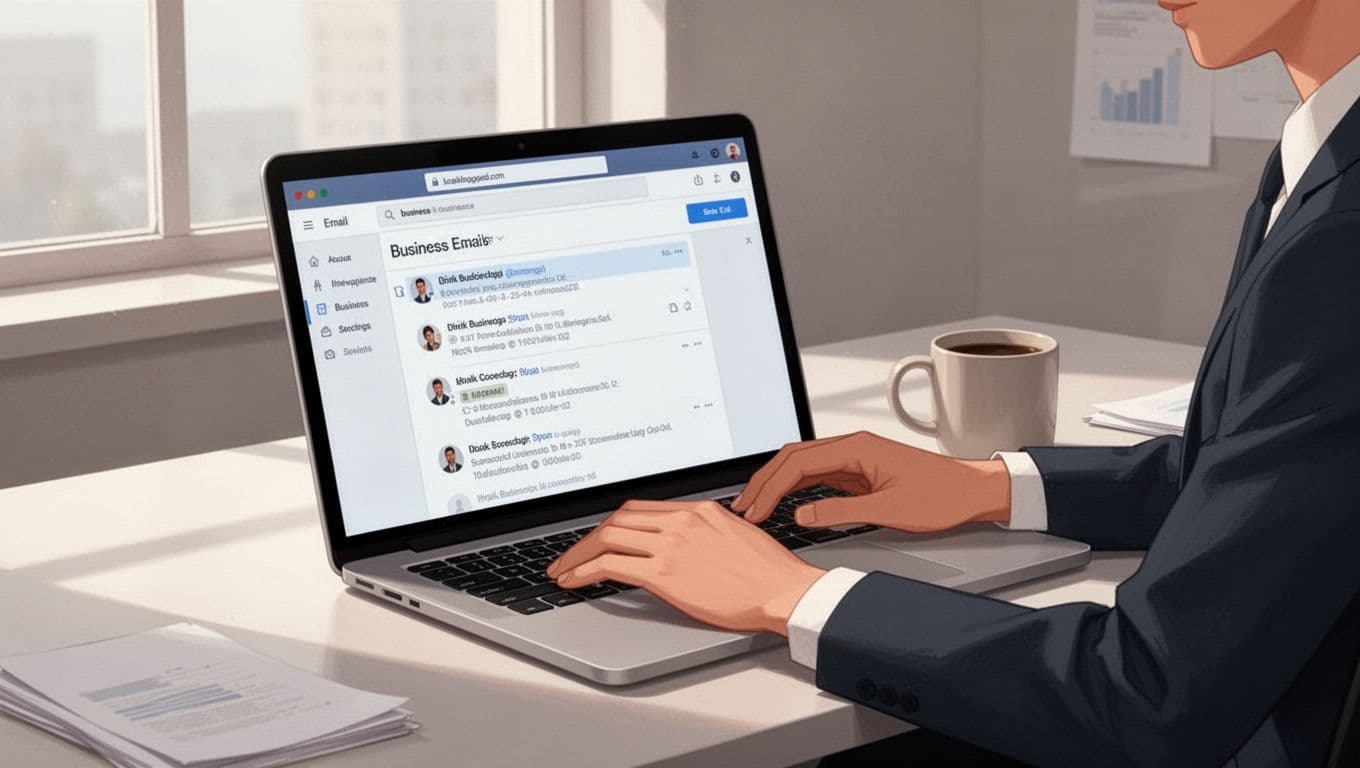 Modern illustration of a sales professional at a desk searching for business emails on a laptop screen in a clean office setting with a coffee mug nearby, focused on the screen and hands on keyboard, soft natural lighting, clean shapes and controlled colors.
