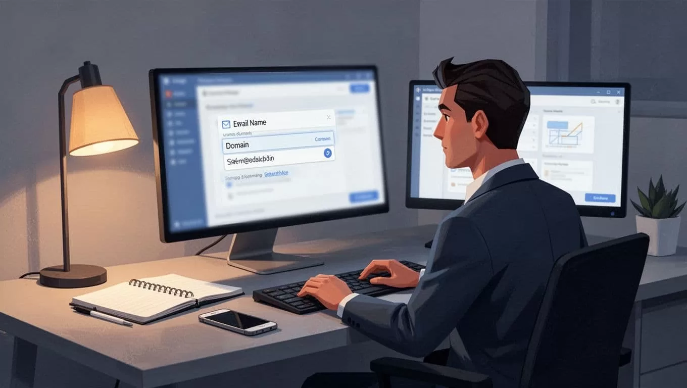 A sales professional sits in a modern home office with dual monitors, one displaying the blurred Hunter.io Email Finder tool for entering a procurement manager's name and domain, notebook and phone on desk under warm lamp lighting, three-quarter view illustration.