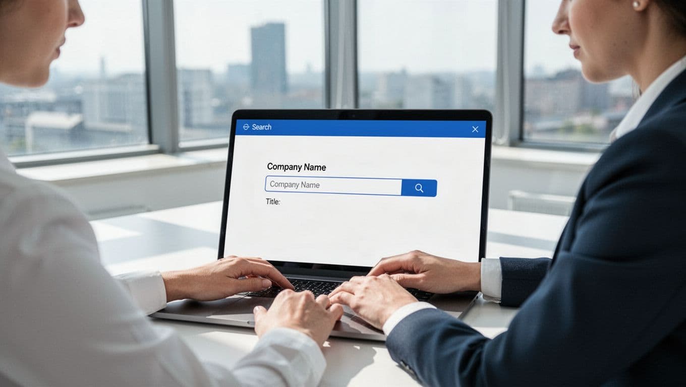 Modern illustration of a sales professional in a bright office using Hunter.io dashboard on a laptop to search for CFO emails at a specific company, focusing on the laptop screen with search interface.