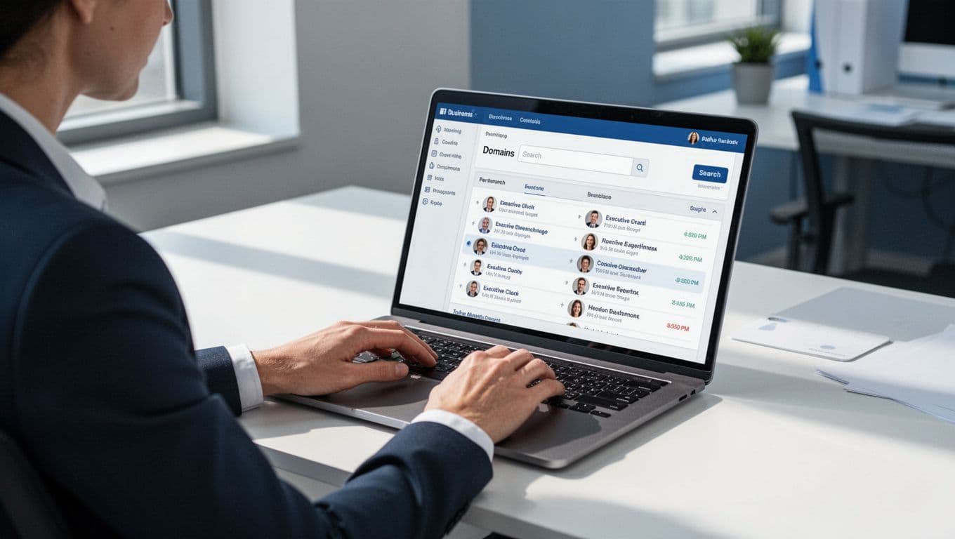 A sales professional at a clean desk uses Hunter.io domain search on a laptop to uncover contacts linked to a company, including a possible sales director email.