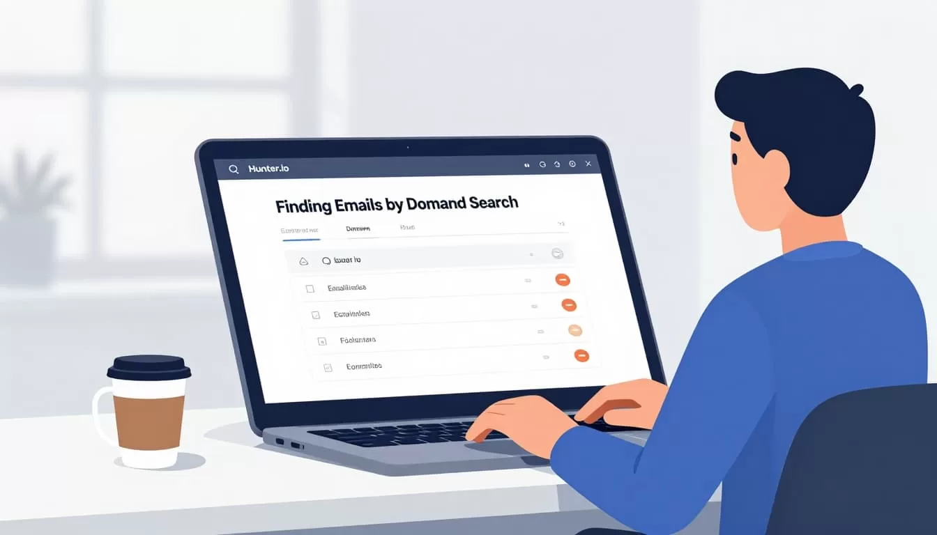 Modern illustration of a sales professional at a desk using a laptop to search for emails by company domain on Hunter.io, with results displayed below; simple office setting with coffee mug.