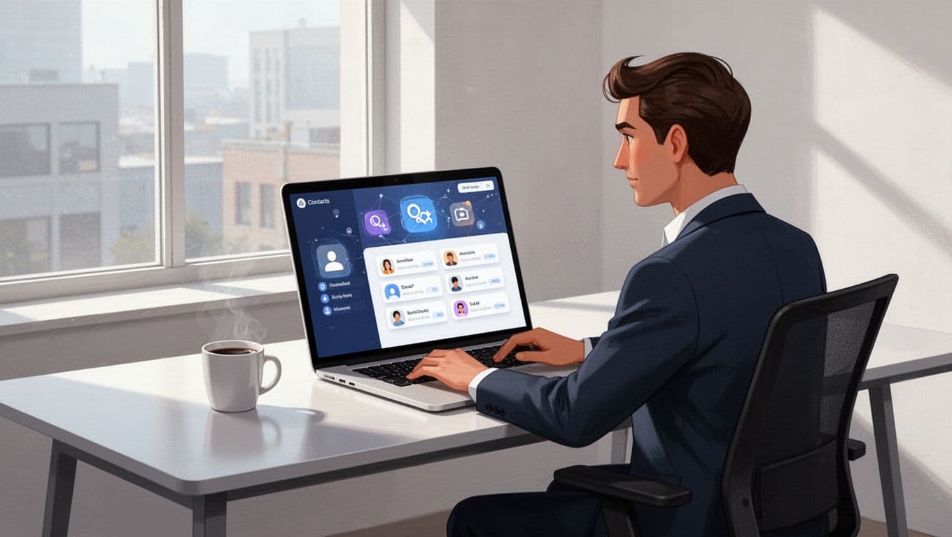Modern illustration of a sales professional at a focused workspace desk, with screen displaying email finder tool interface and contact list, open laptop, coffee mug, natural daylight lighting.