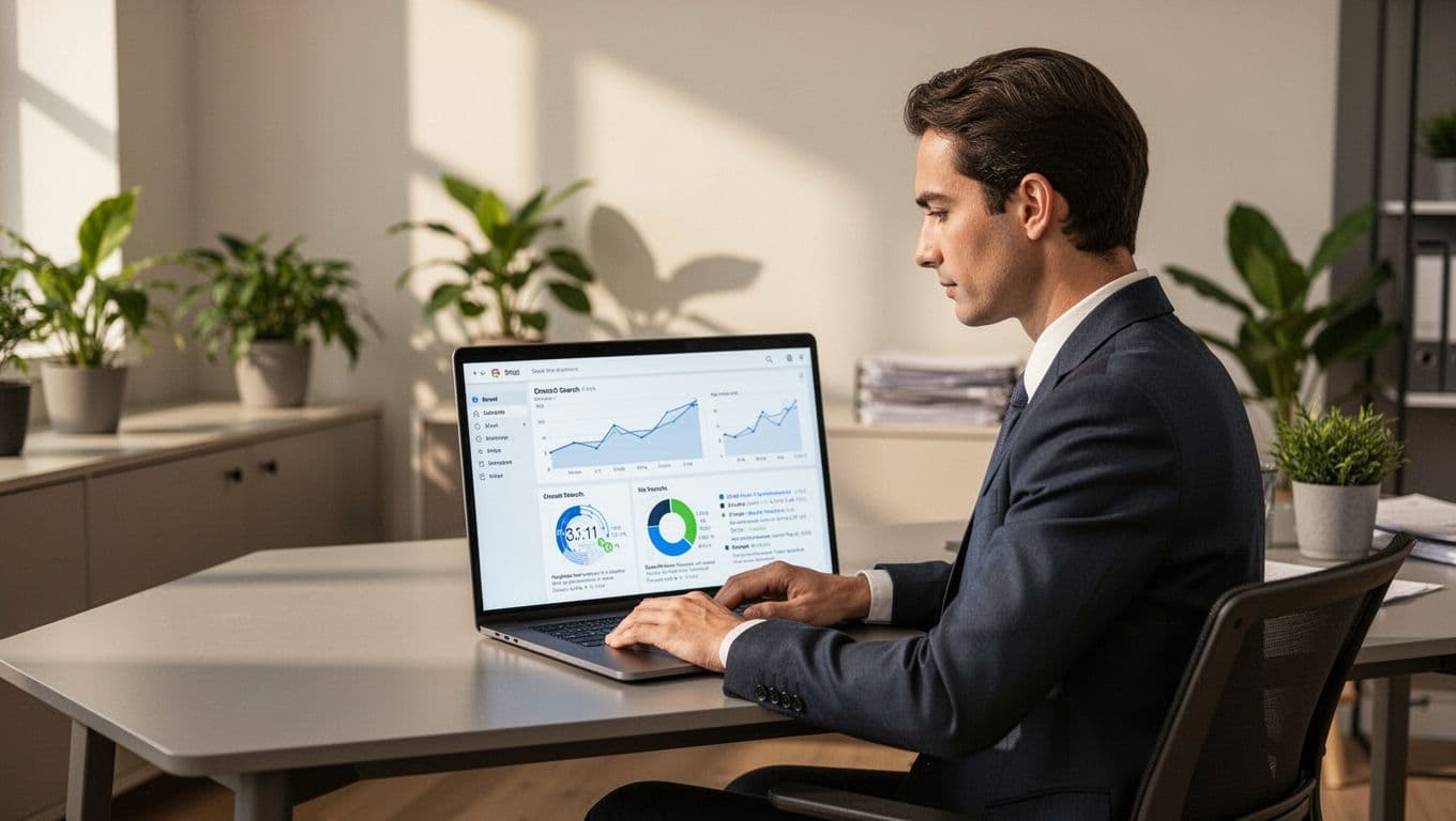 Modern illustration of a sales professional at a desk with laptop open to Hunter.io dashboard displaying email search results, in a clean office with plants and soft natural lighting.
