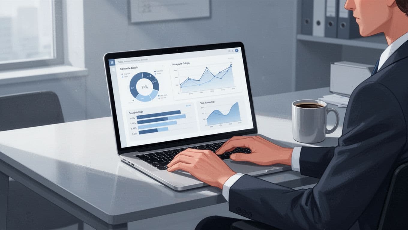 Modern illustration of a sales professional at a desk with laptop open to Hunter.io dashboard showing domain search for executive emails, coffee mug nearby, in a clean office.