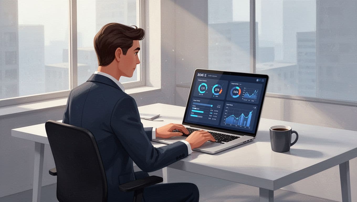 Modern illustration of a sales professional at a clean desk with laptop open to Hunter.io dashboard displaying email search results and domain info, relaxed pose with coffee mug nearby and bright window light.