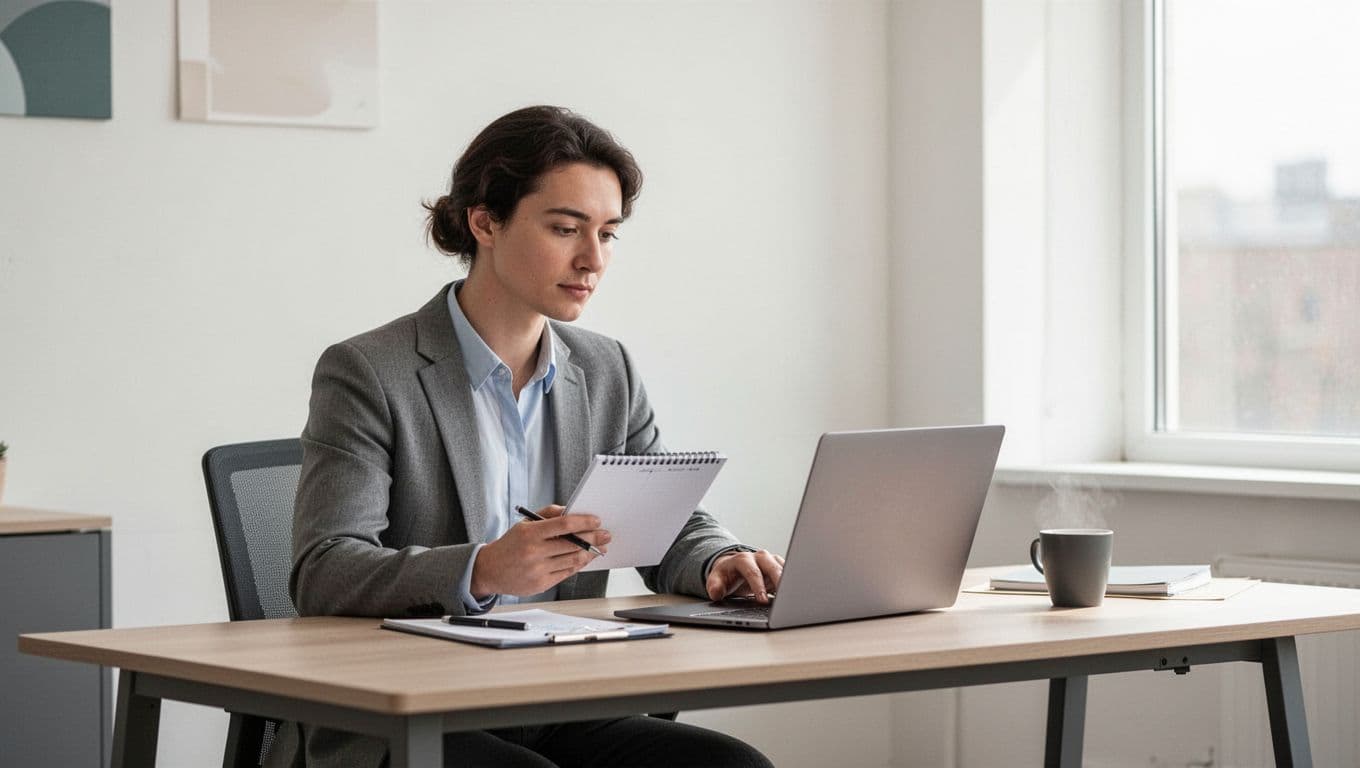 Modern illustration of a sales professional thoughtfully planning outreach with notepad and laptop in a bright, minimalist workspace, emphasizing compliant B2B prospecting.