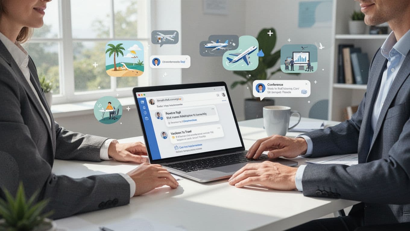 Modern illustration of a sales professional in a bright home office reviewing cold email out of office replies on a laptop screen, with icons representing different OOO types like vacation, travel, conference floating nearby. Clean shapes, blues grays and soft greens palette, natural daylight lighting, strong central composition.