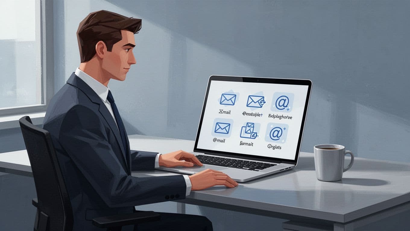 Modern illustration of a sales professional at a desk examining email address patterns on a laptop screen, featuring icons for first@domain, first.last@domain, and flast@domain formats in an office setting with a coffee mug.