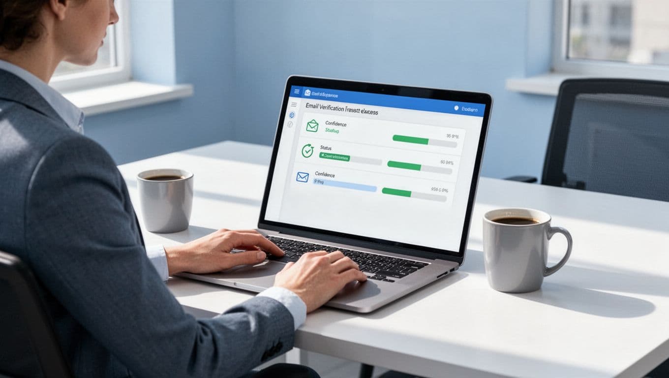 Modern illustration of a sales professional examining Hunter.io email verification results on a laptop screen with status icons and confidence scores, set on a bright office desk with a coffee mug.