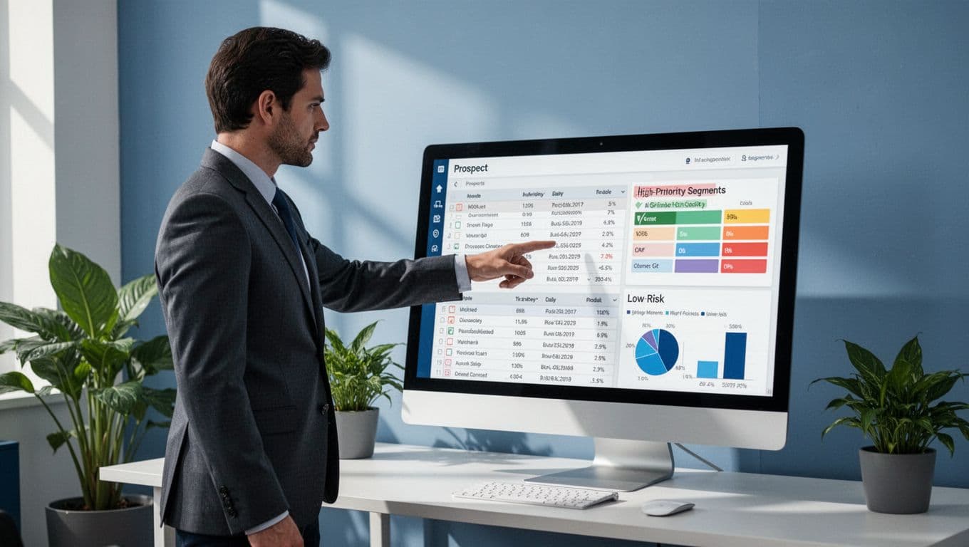 Modern illustration of a sales professional reviewing segmented prospect lists on a computer screen divided into high-priority and low-risk categories, with email verification score charts, in a simple office setting.