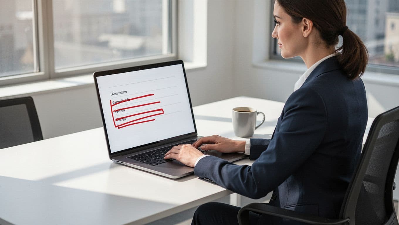 Modern illustration of a sales professional at a modern desk in a bright office, laptop displaying Hunter.io email verification tool with disposable emails flagged in red, coffee mug nearby, side angle view with soft natural lighting.