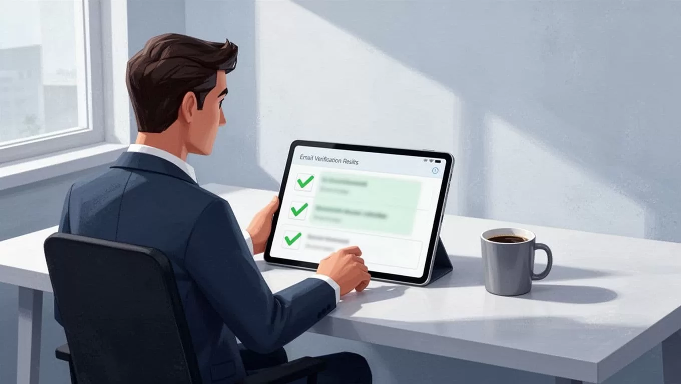 Modern illustration of a sales professional checking email list verification on Hunter.io using a tablet or phone, showing blurred green checkmarks, in a relaxed workspace with coffee mug and natural daylight.