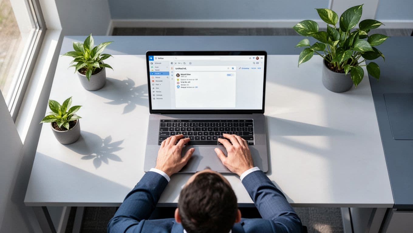 Emails from various senders funnel into a single central catch-all inbox on a laptop screen, with one sales rep at a modern desk reviewing it in a natural office setting.