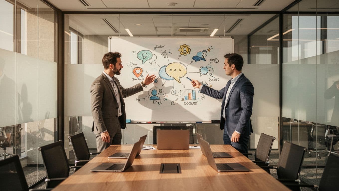 Three professionals in a conference room collaborate around a whiteboard covered in email icons and company domains while brainstorming sales leads, with laptops on the table in a modern illustration style.