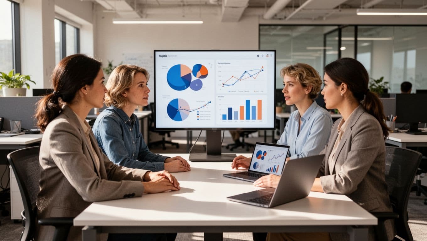 Modern illustration of a three-person team in an open office collaboratively discussing sales pipeline on a shared screen with prospect data charts, relaxed hands on table, one laptop, soft lighting.