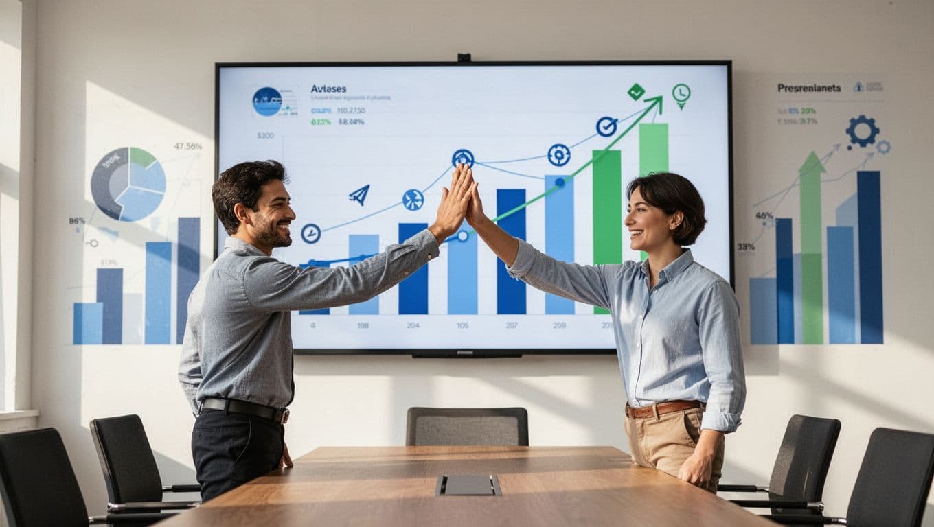 Modern illustration of a sales team of two high-fiving in a conference room foreground, with growth charts and metrics on a wall-mounted screen and subtle social media icons. Features clean shapes, blue-green palette, strong composition, and bright motivational lighting.
