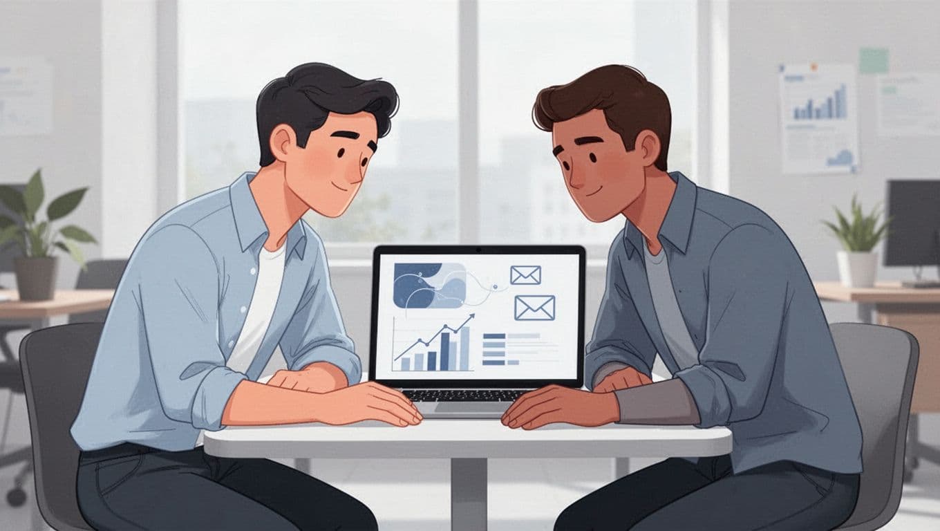 Modern illustration of two sales team members in a casual office meeting around a table, reviewing verified emails on a shared laptop screen showing abstract charts and email icons.