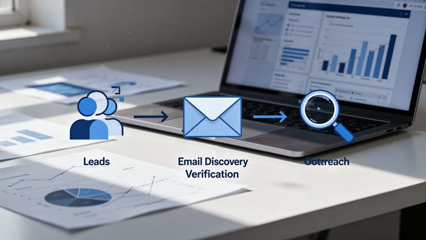 Modern illustration of a sales workflow flowchart from leads to email finder, verifier, and outreach, featuring simple icons connected by arrows, with a desk, charts, and laptop in the background in controlled blue tones.