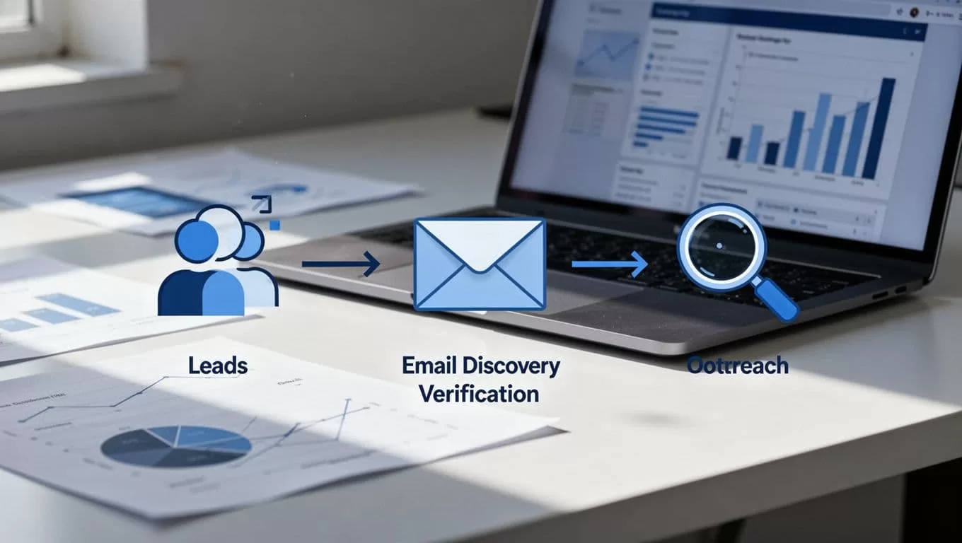 Modern illustration of a sales workflow flowchart from leads to email finder, verifier, and outreach, featuring simple icons connected by arrows, with a desk, charts, and laptop in the background in controlled blue tones.