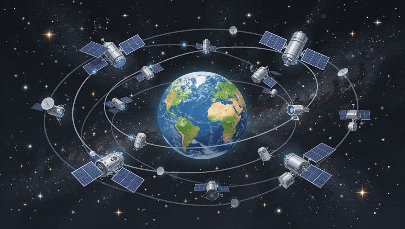 Modern flat illustration of a satellite network orbiting Earth in low orbit, with clean blue and silver shapes, dynamic paths, and subtle glow on a starry black background.
