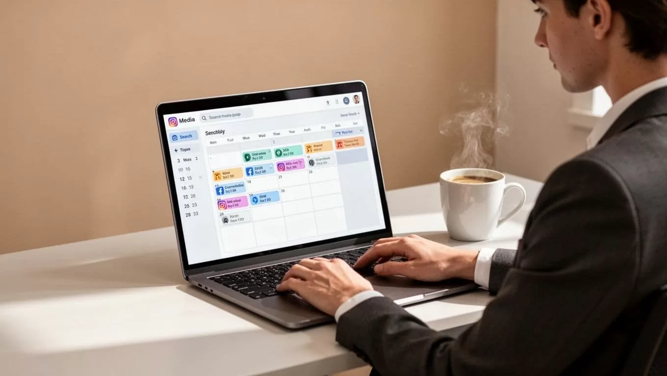 Modern illustration of a person at a desk scheduling LinkedIn posts on a laptop calendar interface in a clean office with coffee mug nearby, focused on screen and relaxed hands on keyboard.