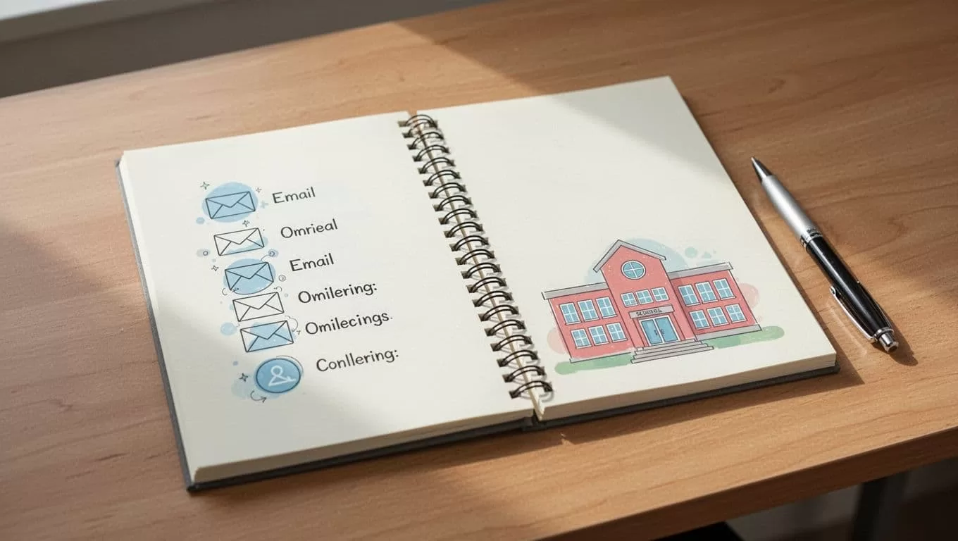 Modern illustration of typical email address patterns like john.doe@school.edu on a notepad next to a school building icon in a clean desk setting with pen, using simple shapes, controlled colors, and soft lighting.