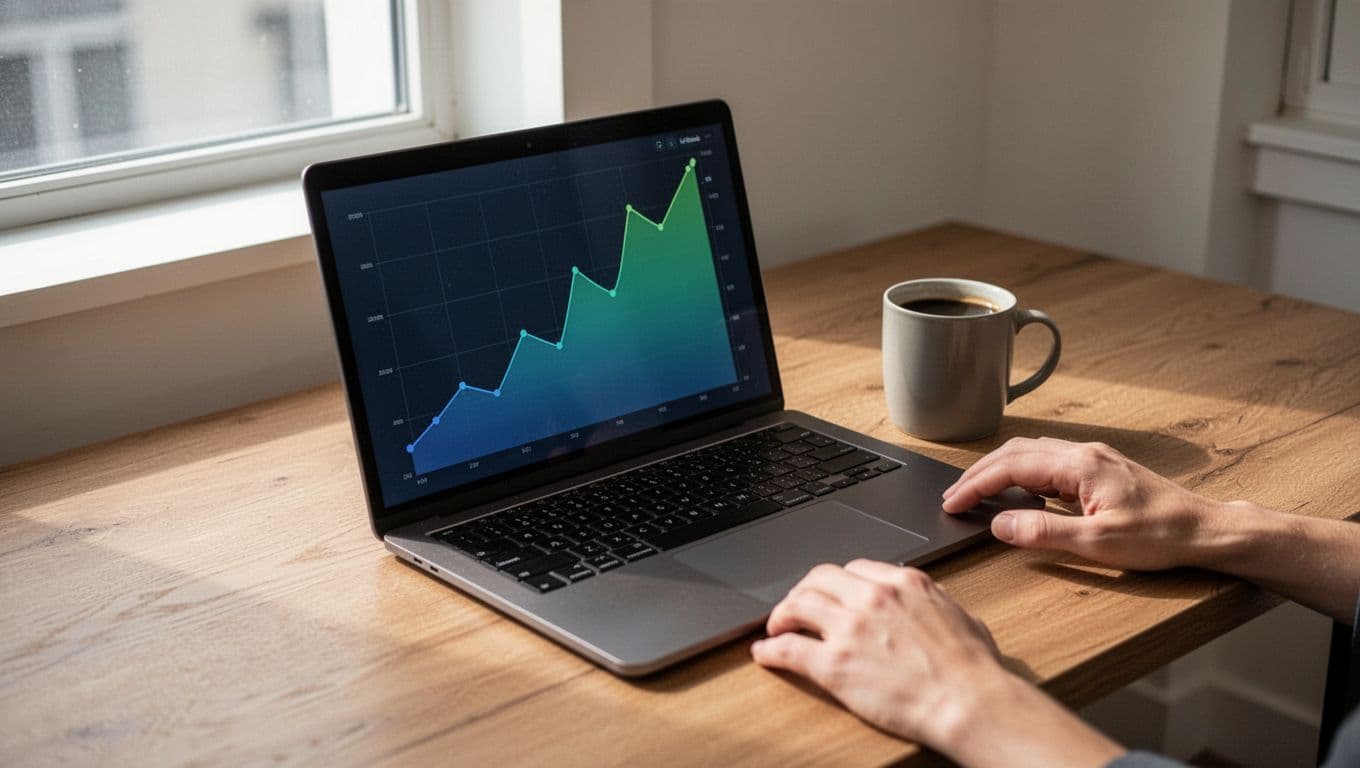 Modern illustration of a laptop on a wooden desk displaying a line graph of rising search volume trends over months on screen, coffee mug nearby, natural window light, clean blue and green palette.