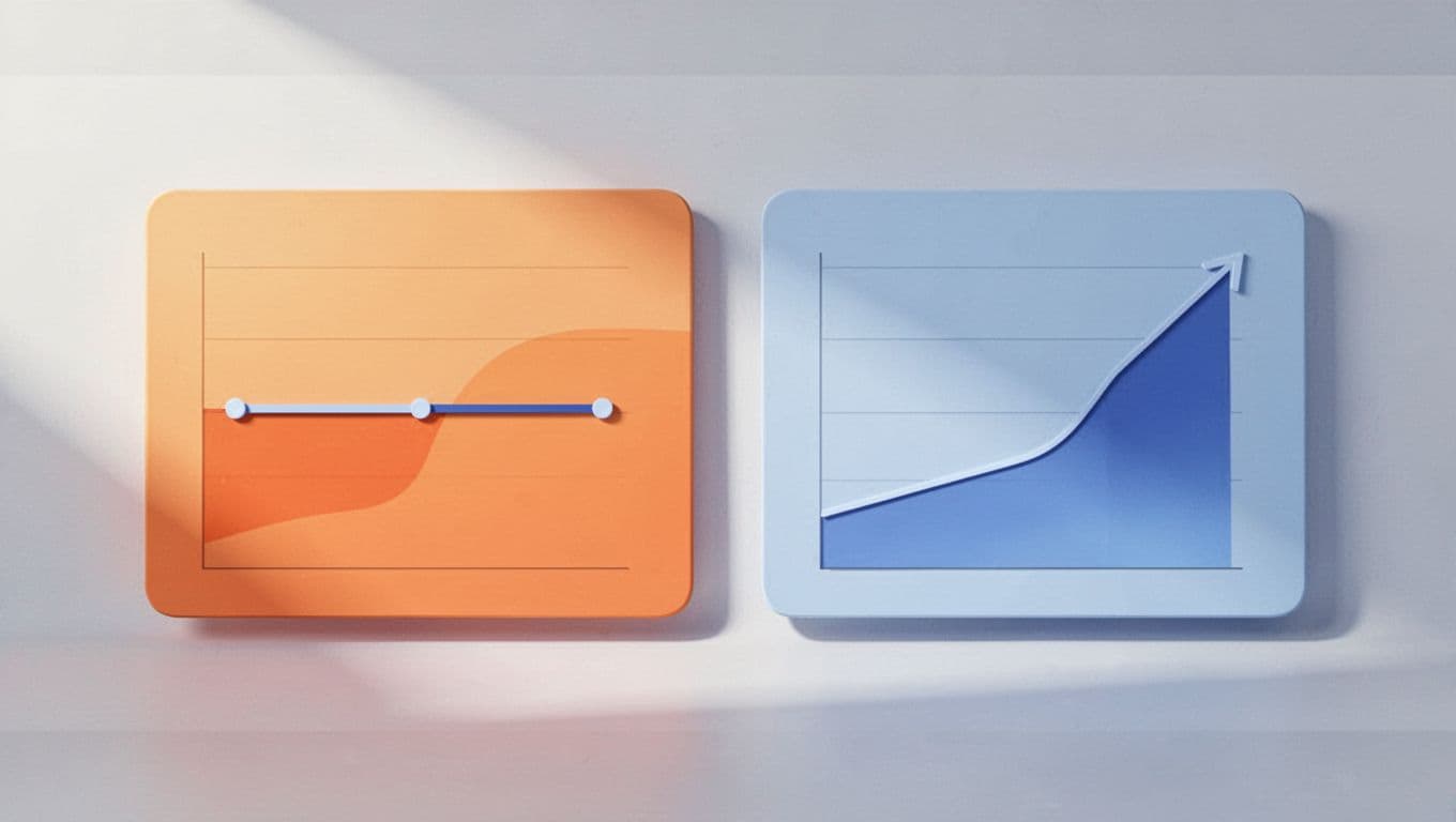 Modern illustration comparing flat search volume chart on the left with an exploding upward trend curve on the right, set against a simple dashboard background using oranges and blues.
