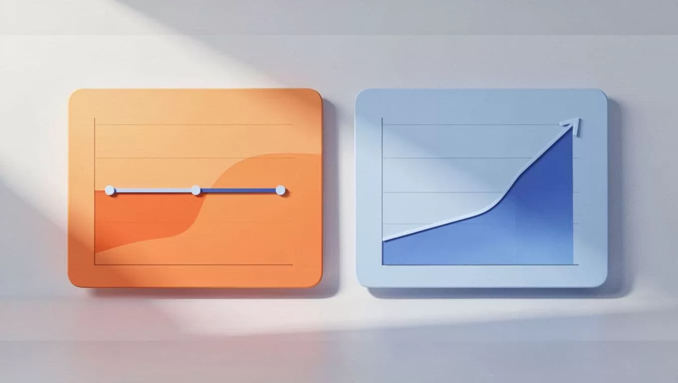Modern illustration comparing flat search volume chart on the left with an exploding upward trend curve on the right, set against a simple dashboard background using oranges and blues.