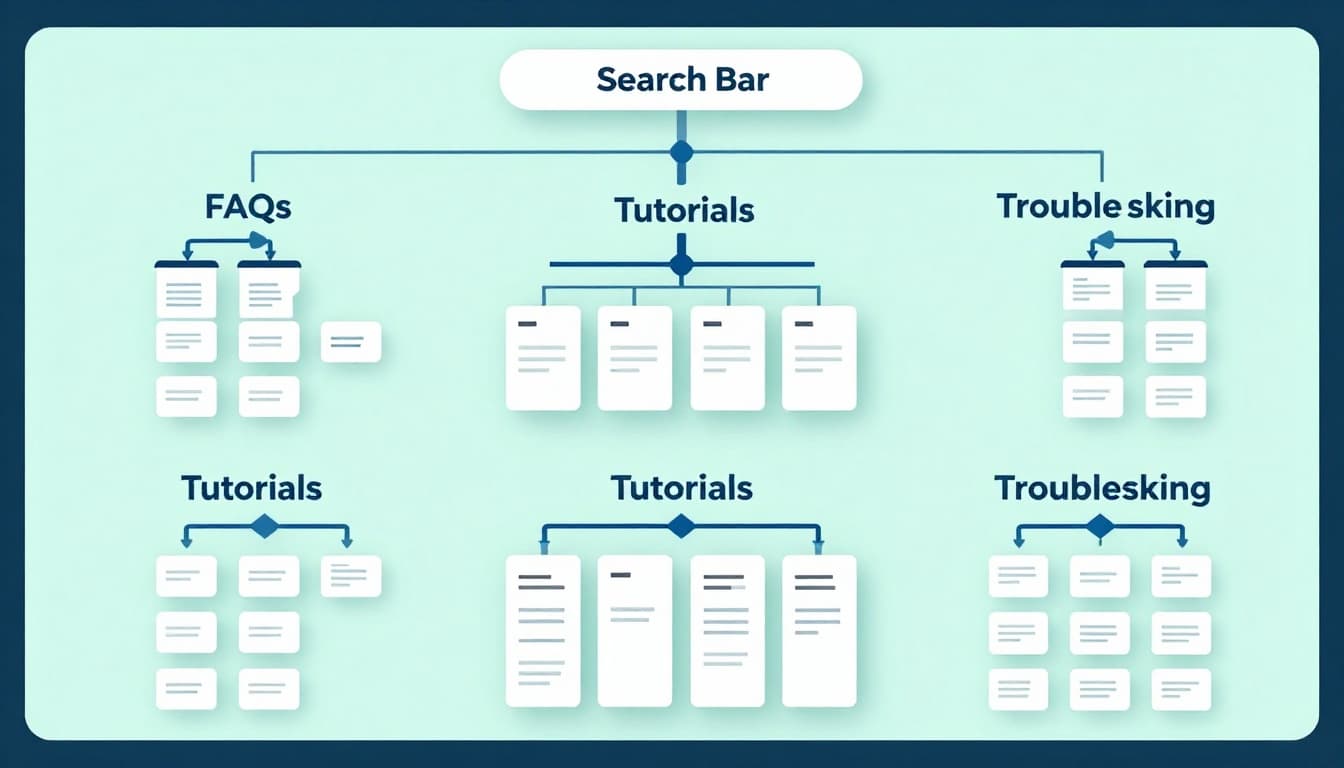 Illustration of a searchable knowledge base information architecture as a tree structure with root 'Search Bar' branching to categories like 'FAQs', 'Tutorials', 'Troubleshooting', each with article icons, on a digital dashboard background in modern style.