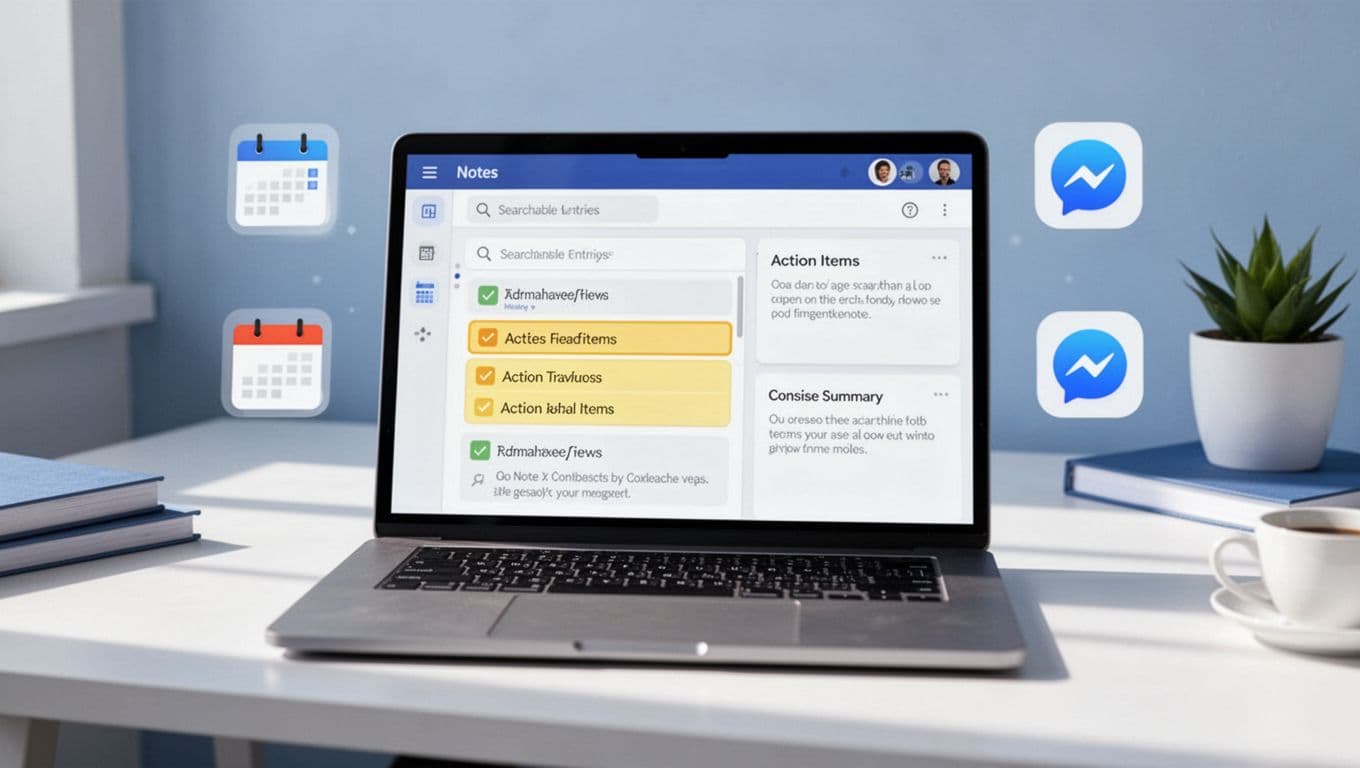 Modern illustration showing a laptop screen with searchable meeting notes interface, highlighted action items and summaries, surrounded by integration icons like Slack and Google Calendar.