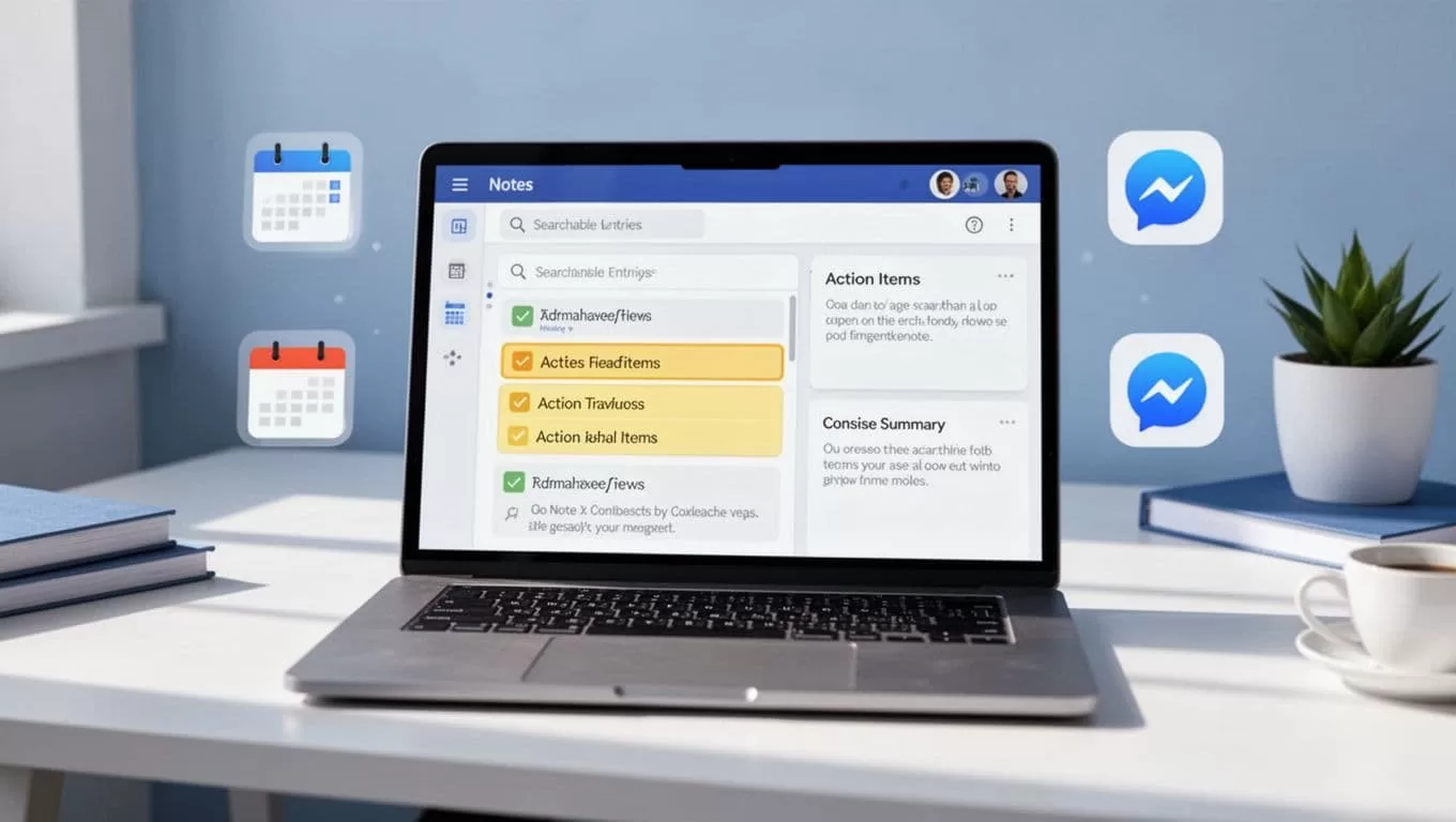 Modern illustration showing a laptop screen with searchable meeting notes interface, highlighted action items and summaries, surrounded by integration icons like Slack and Google Calendar.