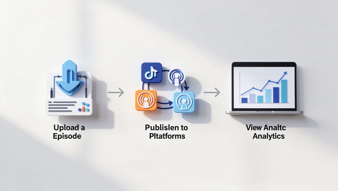 Step-by-step icons show upload, publish, and analytics for two podcasts in parallel workflow on light background.