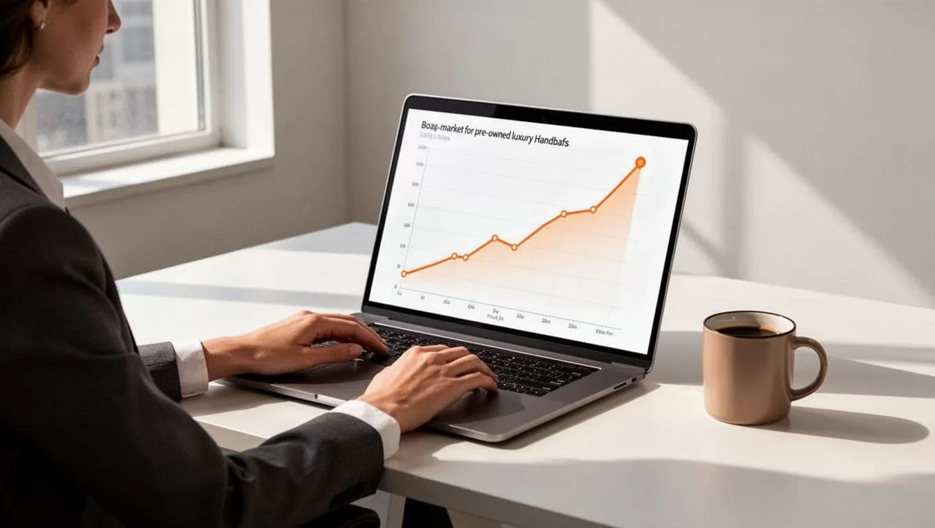 Modern illustration of a laptop screen showing a spiking upward trend graph for secondhand luxury handbags, with a coffee mug on the desk and two relaxed hands nearby.