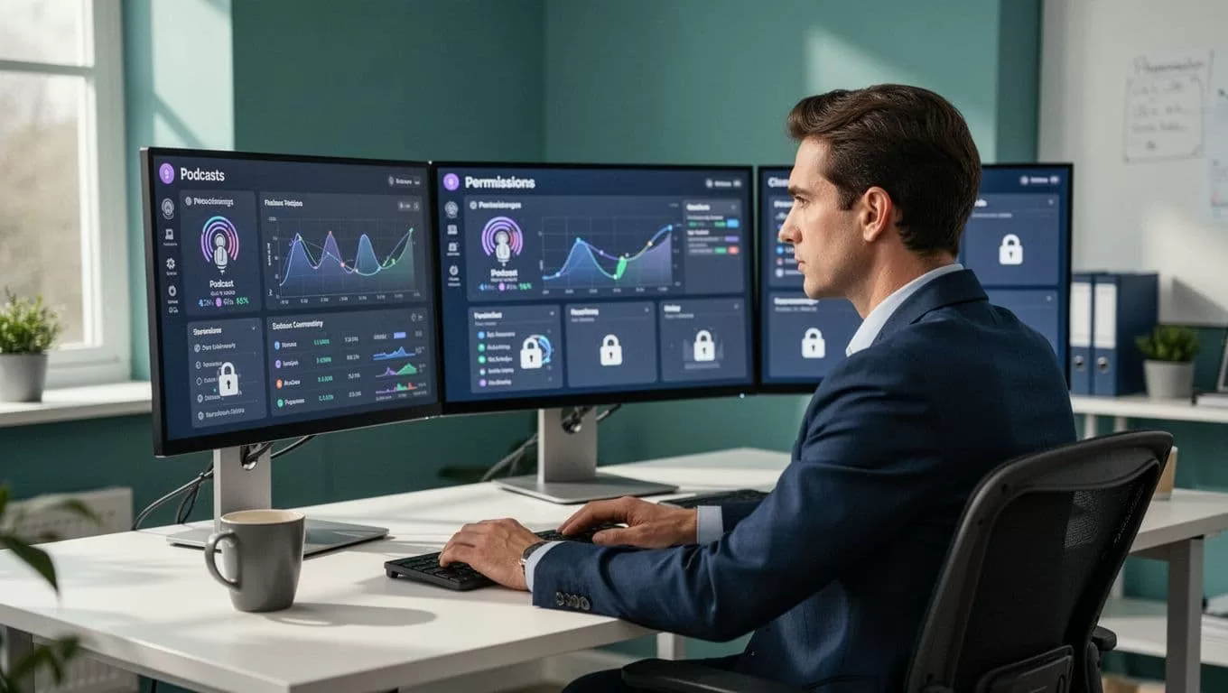 Modern illustration of an agency team member at a desk managing multiple podcast dashboards on dual monitors with secure lock icons on client folders in a clean office setting.