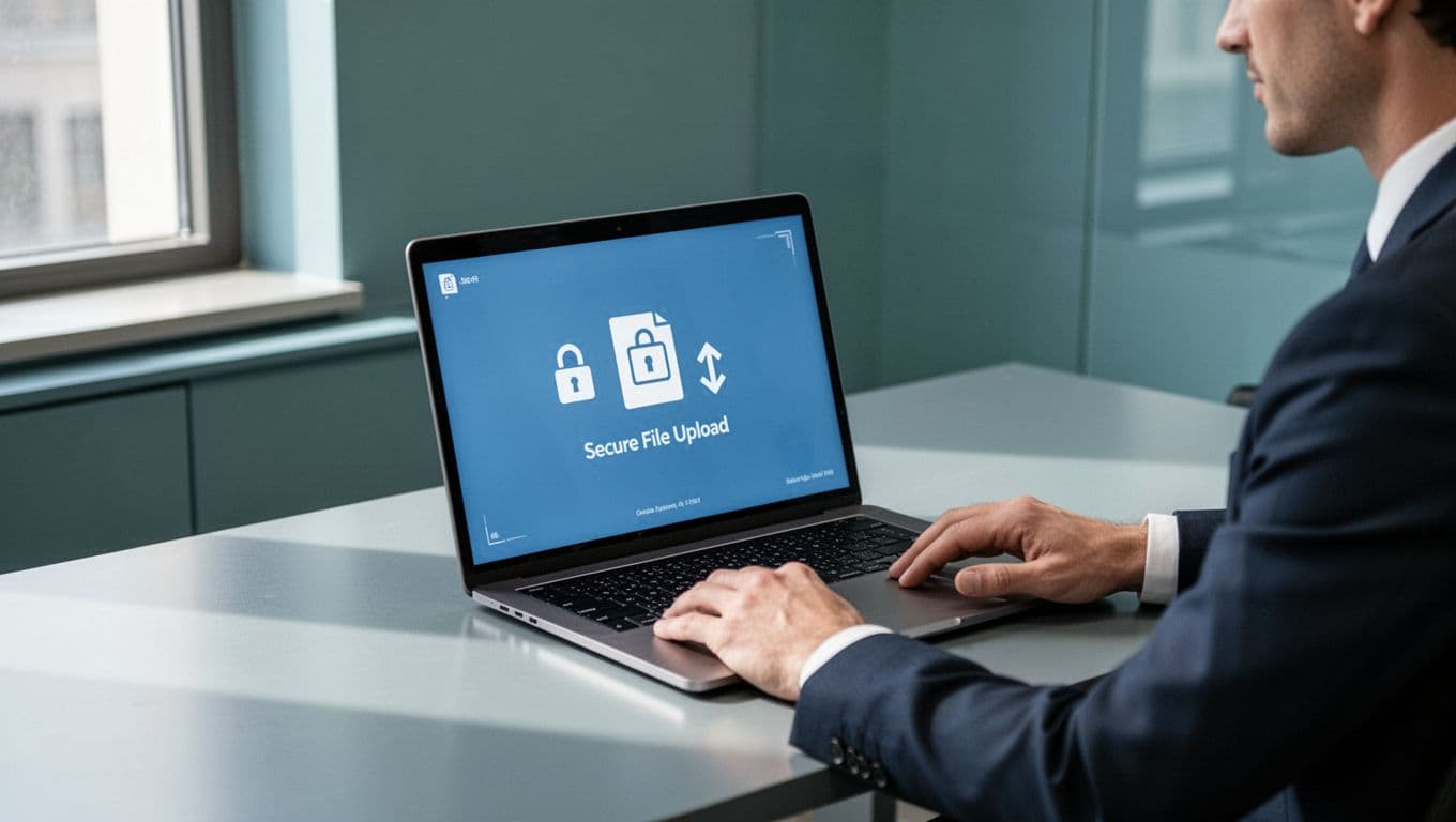Modern illustration of a business professional at a desk receiving secure file uploads from clients on a laptop screen in a clean office setting, with lock and upload icons in blue and green tones.